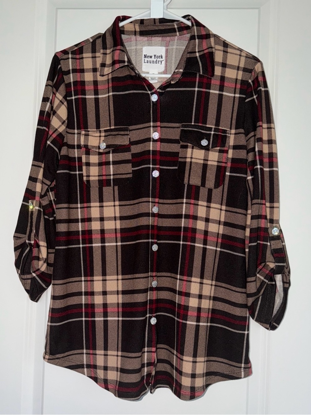 New York Laundry Black and Tan Plaid Button-Down Shirt - Picture 2 of 5